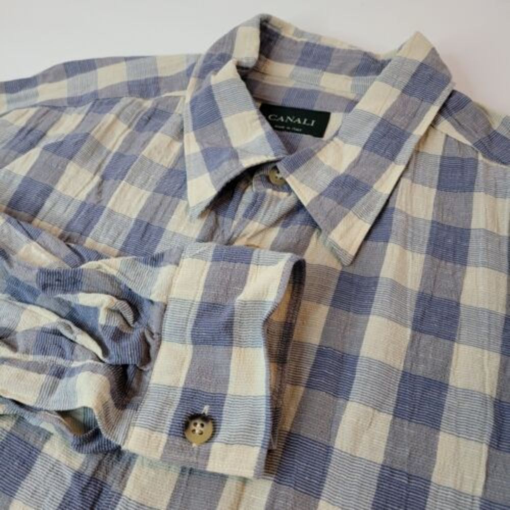 Canali, Ivory/Blue Plaid‎ Long Sleeve Shirt, size 17 1/2